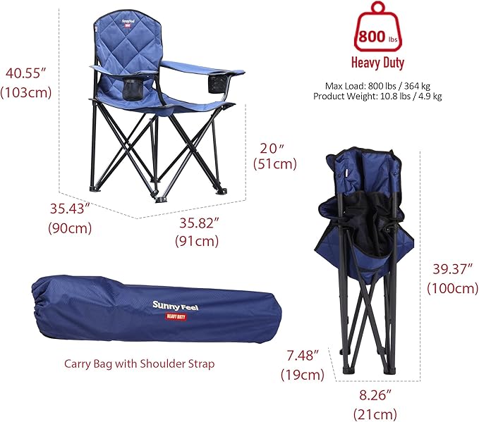 SUNNYFEEL XXL Oversized Camping Chair Heavy Duty 800 LBS for Big Tall People Padded Portable Folding Quad Lawn Chairs with Armrest Cup Holder &amp Pocket for Outdoor/Travel/Picnic/Camp/Sports