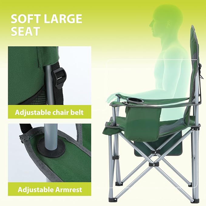Nice C Camping Chair Portable Chair Lawn Chairs Outdoor Chairs with Armrest Cooler Bag Cup Holder Side Pocket for Camping Traveling Picnic (Green&ampGrey 1-Pack)