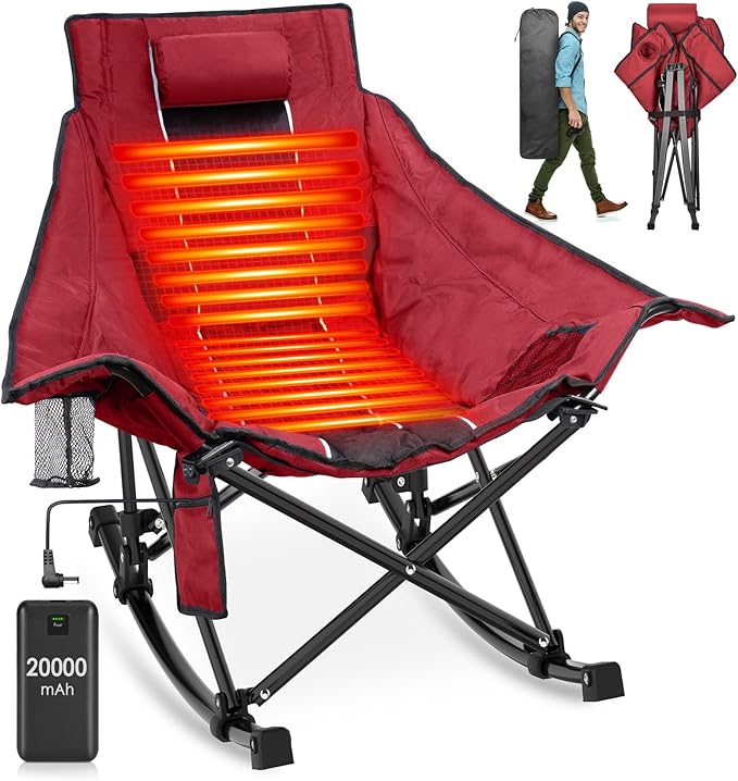 Suteck Heated Rocking Camping Chair XL Oversized Rocking Chair Outdoor with 3 Heat Levels for Back and Seat Heated Chairs Outdoor Sports W/20000mAh Power Bank for Patio Lawn Picnic Travel