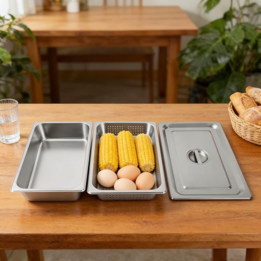 A Set of Full Size 4 in Steam Table Pan and 2.6in Perforated Pan with Lid Hotel Pan Food Warmer Pan Buffet Tray Servers Pans for Catering Kitchen Restaurant Supplies