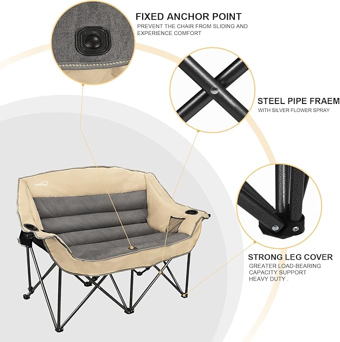 Double Folding Camping Chair Fully Padded Loveseat Camping Couch Oversized 2 Person Lawn Chair Sofa w/Cup HolderWine Glass HolderMesh Storage for Patio Picnic BeachSupport 600lbsBeige