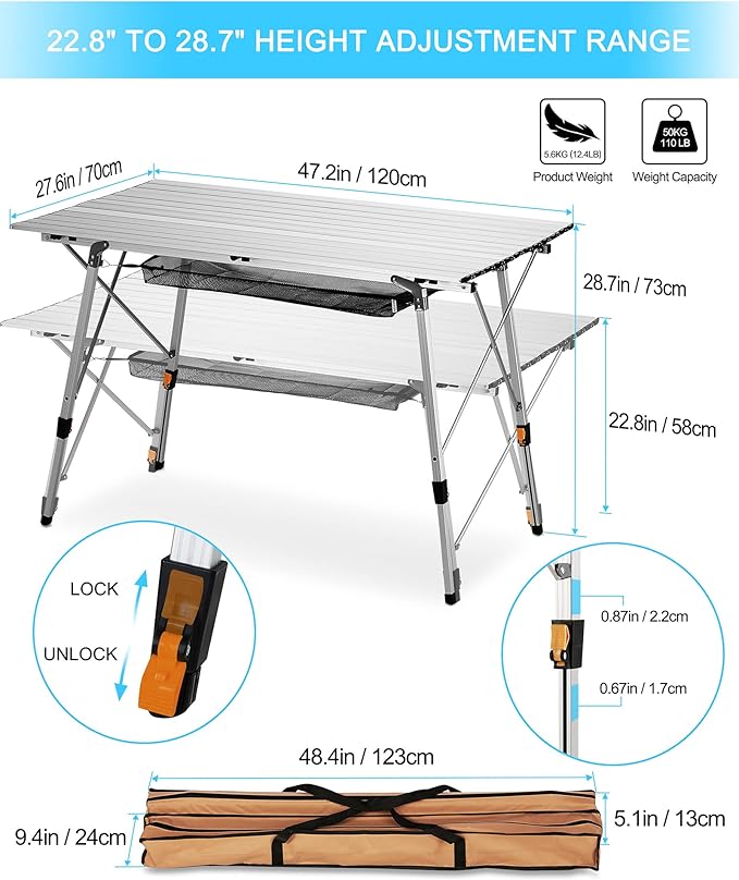 FiveJoy Folding Camping Table Outdoor Portable Picnic Camp Table with Aluminum Legs Adjustable Height Roll Up Table with Mesh Layer for Picnic Beach Grill Backyard Kitchen
