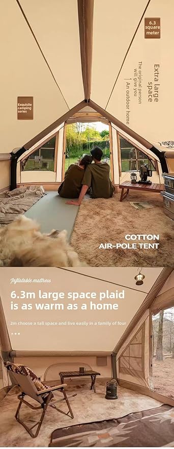Capacity for 4-6 People Outdoor Inflatable Camping Deluxe Tent 6.3 Flat Inflatable House Oxford Cloth Tent Double Door Air Pump with Window Travel Sun Protection Waterproof Windproof Camping Tent