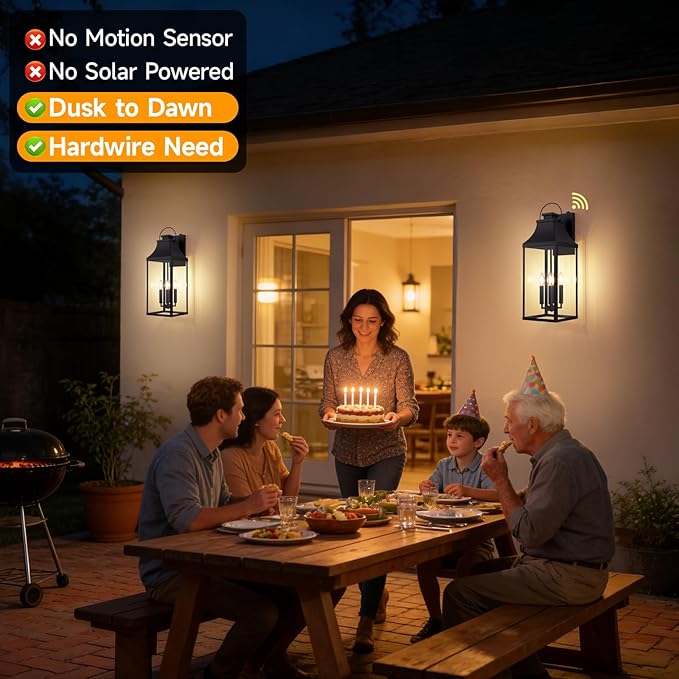 tewei 25'' Dusk to Dawn Outdoor Wall Light Large Black Outdoor Porch Light Waterproof Patio Lanterns Exterior Wall Mount Lighting Fixtures 4-Light Outside Garage Sconces for House Front 1-Pack