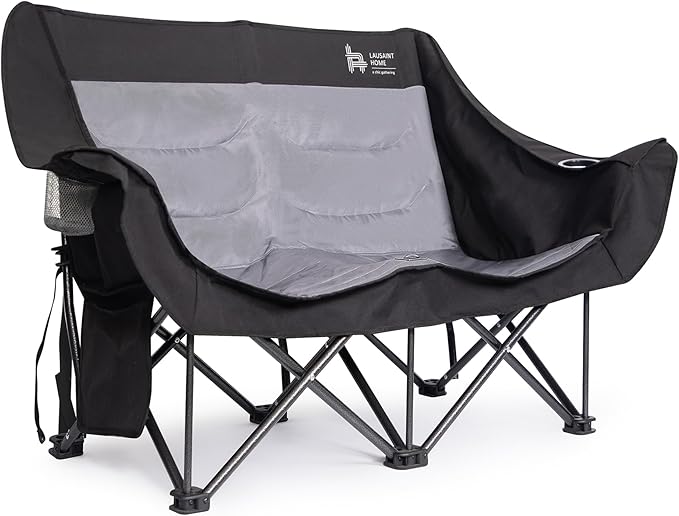 LAUSAINT HOME Double Camping Chair Oversized Camping Loveseat with Cup Holder Heavy Duty Portable Camping Couch Outdoor Double Folding Chair for Patio Lawn and Garden Black
