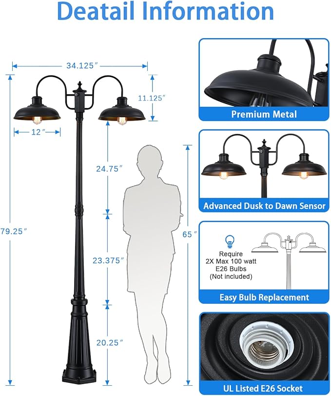 Outdoor Post Light Dusk to Dawn Outdoor Lamp Post Lights 2-Head Farmhouse Street Light Fixture Exterior Black Pole Lights Waterproof Lantern Lamp Outdoor Lighting for Garden Patio Pathway
