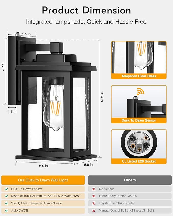 VIANIS Black Dusk to Dawn Outdoor Lights for House 2 Pack Outdoor Wall Lights Waterproof Porch Lights Exterior Lighting Fixtures with Tempered Glass for Porch Garage DoorwayHardwired Non-solar