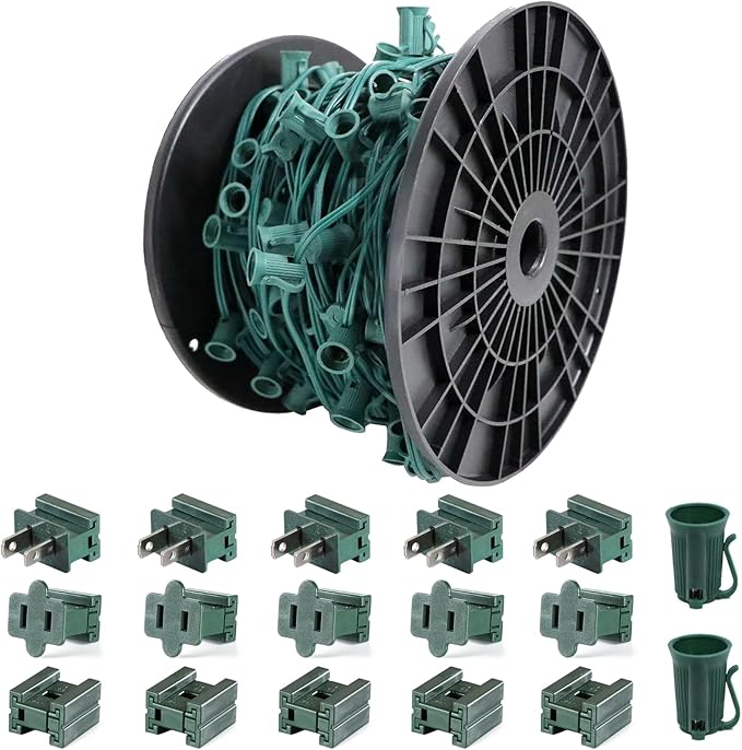 250FT C9 Outdoor String Light Stringer E17 Socket 12 Spacing C9 Christmas Stringer Set Spool Green Light String for Wedding Patio Event Lighting Decor Green Wire