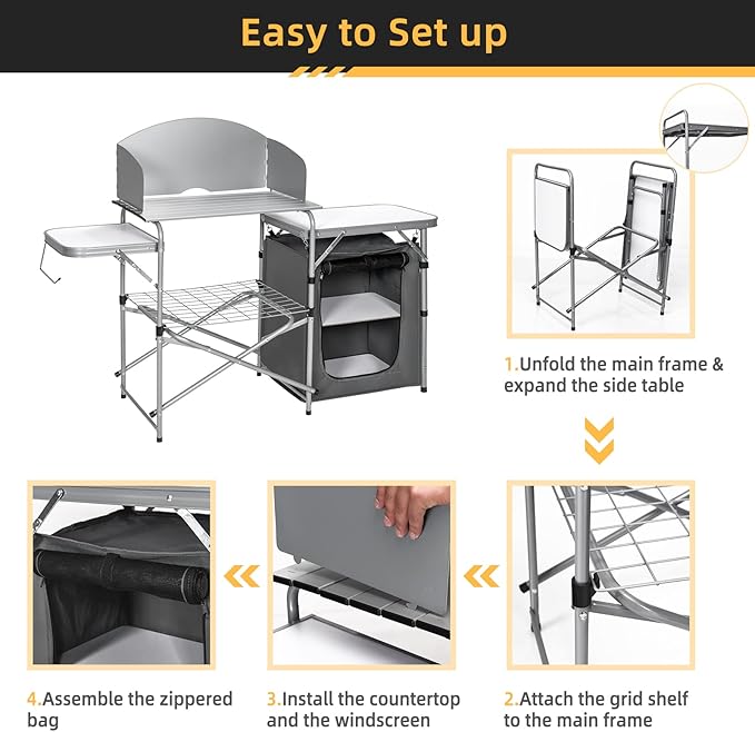 GYMAX Aluminum Portable Camping Kitchen Folding Cooking Table with 26 Tabletop Detachable Windscreen &amp Carrying Bag Outdoor Grill Table for BBQ Backyards