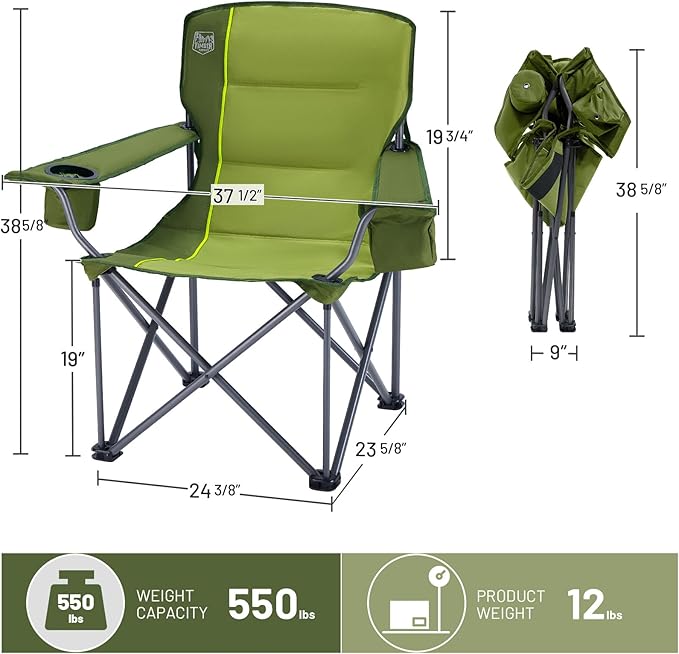 TIMBER RIDGE Oversized Folding Camping Chair for Adults Support 550 LBS Heavy Duty with Cup Holder Side Pocket for Camp Lawn Picnic Green 2 Pack