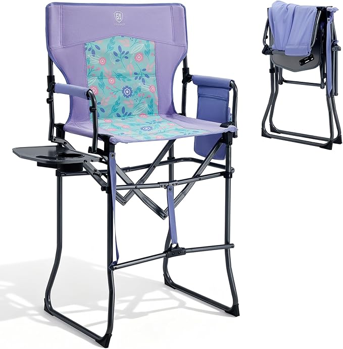 EVER ADVANCED Portable 30.7 Seat Height Tall Folding Camping Chair Directors Chair High Foldable Bar Stool with Side Table for Makeup Artist Sports Event Craft Show Supports 350LBS