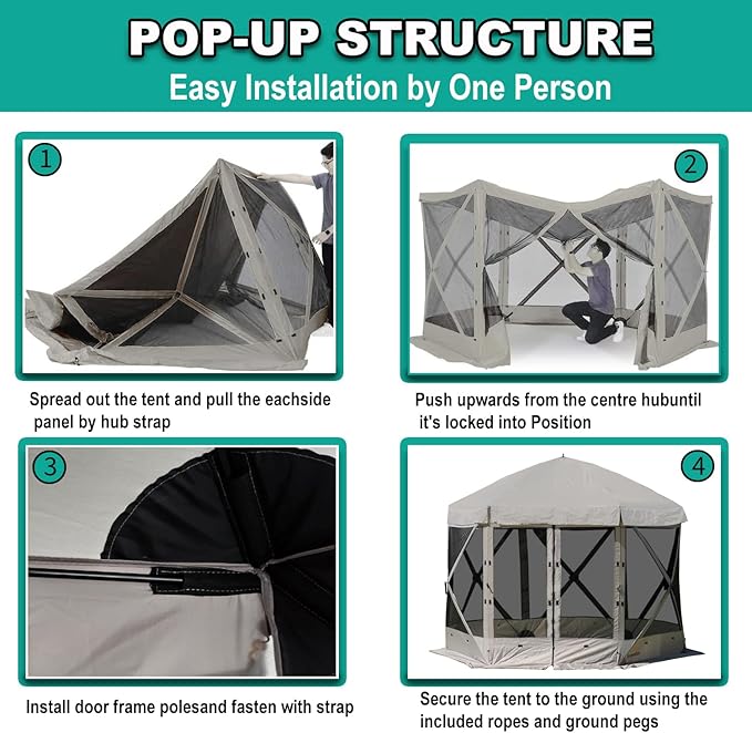 Pop Up Screen Tent 12'x12' Windproof &amp UV Protection Sun Shelter Portable Instant Setup 6-Sided Screen Tent for Picnic Camping Backyard Outdoor (Grey)