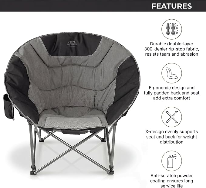 Oversized Portable Moon Camping ChairsRound Folding Lawn Chair w/Cup HolderOutdoor Heavy Duty Supports 500Lbs Comfy ChairPerfect for Family CampHikingPicnics and Beach TripsBlack
