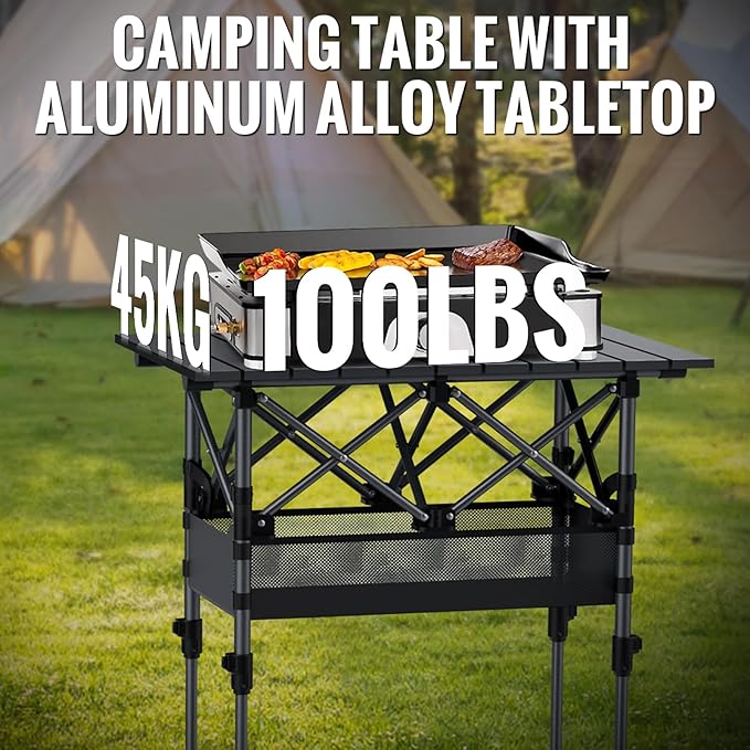 GARLLEN Folding Camping Table 2-Height Adjustable Portable Picnic Table with Roll-up Tabletop Lightweight Aluminum Outdoor Table with Storage Net &amp Carrying Bag for Camping Picnic BBQ