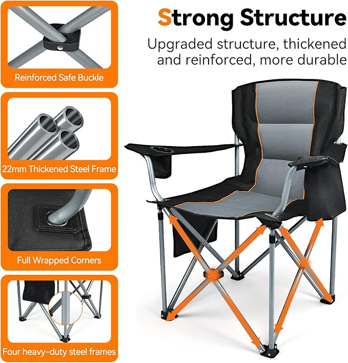 Camping Chairs for Adults Heavy Duty Oversized Fully Padded Folding Chairs for Outside with Cup Holder Cooler Bag and Side Pocket Support 400 Lbs Versatile for SportsOutdoors &amp Lawns