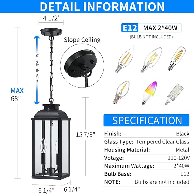 Large Outdoor Pendant Light 2-Light 15.8 Dusk to Dawn Exterior Hanging Lights Fixture with Clear Glass Modern Black Outdoor Chandelier for Gazebo Porch Patio Front Door