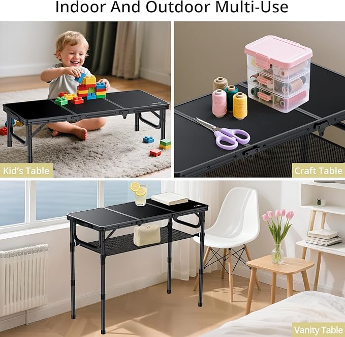 Anbte Folding Camping Table with Storage Net 3ft Camping Table Aluminum Folding Table with 3 Adjustable Height Max 27.5 Inch Picnic Table Portable Table for Outdoor Backyard BBQ Pure Black