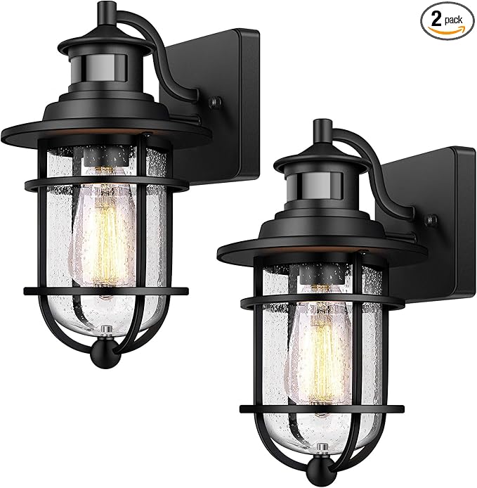 Set of 2 Motion Sensor Outdoor Wall Lantern Dusk to Dawn Waterproof Exterior Wall Sconce With Seeded Glass Black Wall Mount Light Fixture for Porch Doorway Garage E26 Socket Motion Activated