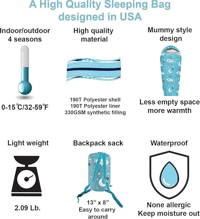 KidzAdventure Mummy Style 32 – 59F Kids Sleeping Bag with Pillow Sleeve 4 Season Lightweight and Backpacking Style Ideal for Camping Sleepover Boys Girls Youth and Toddlers