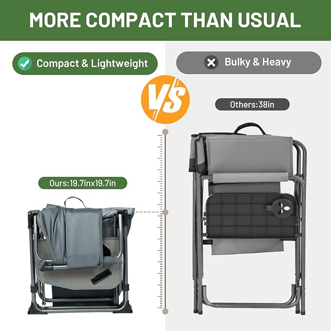 TIMBER RIDGE Aluminum Camping Directors Chair with Side Table Pocket Portable Folding Chair Heavy Duty Lawn Chair for Fishing Trip Picnic Concert Outdoor 400lbs Grey 2 Pack