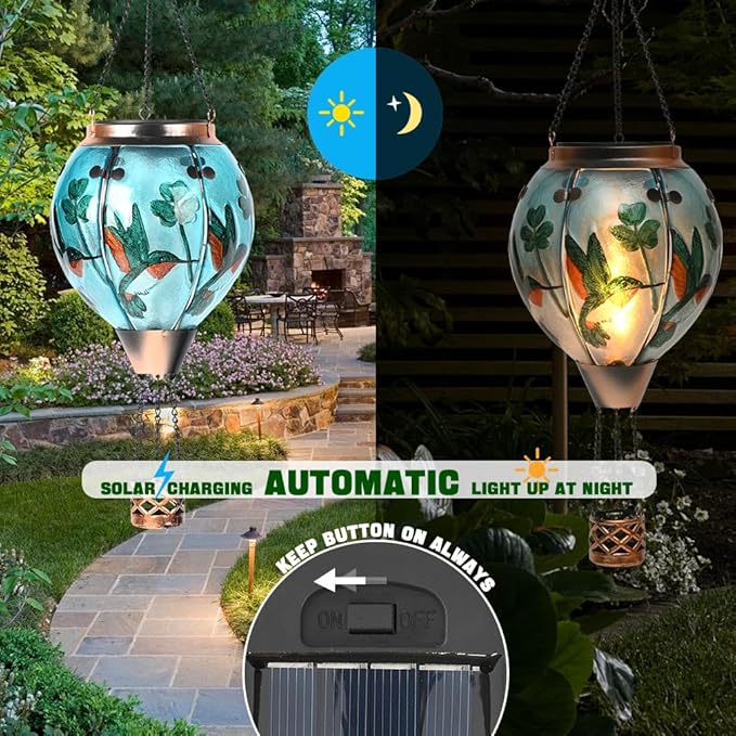 Hot Air Balloon Solar Lantern - Hummingbird Glass Lantern Simulated Flickering &amp Dancing Flame Outdoor Hanging Shamrock Yard Light Waterproof IP65 for Patio Lawn Porch Decor Irish Gift