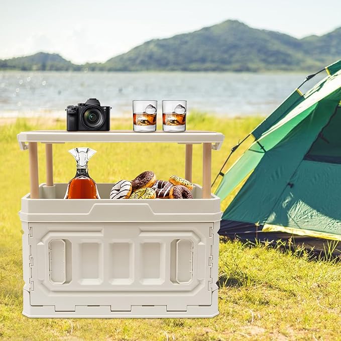 PP Folding Storage Boxes Outdoor Portable Camping Storage Box Folding Box Table Equipment Camping Organizer for Trunks Study Rooms (White)