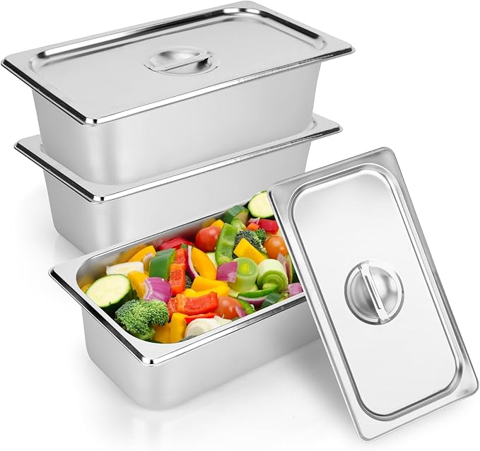 3 Pack 1/3 Size Steam Table Pan with Lid 4 Inch Deep Restaurant Hotel Pan Stainless Steel Steam Containers for Household or Kitchen Use