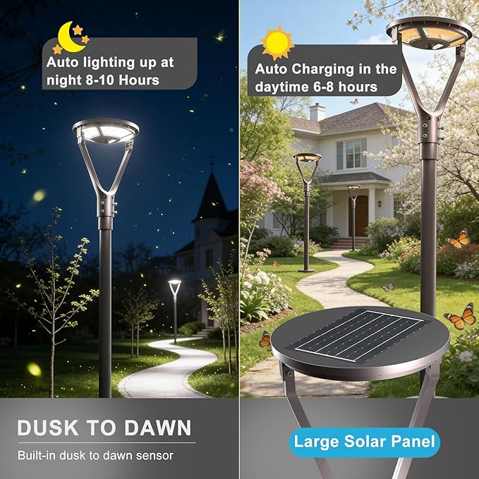 Lightdot Solar LED Post Top Lights Circular Area Light 5000K LED Parking Lot Light with Photocell Outdoor Pole Lights Fixture for Garden Yard Street Lighting - 4 Pack