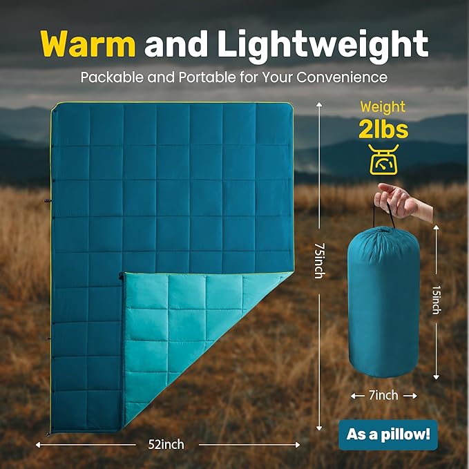 UNIKOME Waterproof Puffy Camping Blanket - Lightweight Packable Outdoor Quilt with Snaps &amp Corner Loops Warm Compact Blanket for Cold Weather Hiking Picnic Stadium Travel 75×52 Lake Blue&amp