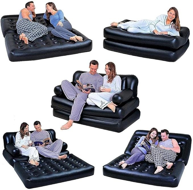 Folding Portable Inflatable Sofa Twin Bed Lazy Flocking Queen Size Air Bed Mattress - Great for Pop Up Indoor Living Room and Outdoor Balcony Backyard Camping Picnic RV + Foot Pump (Black)