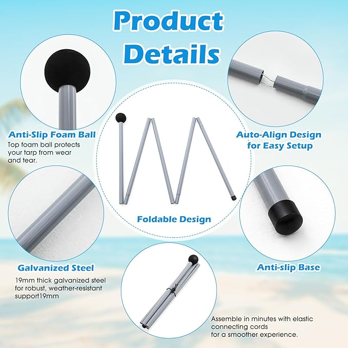 6 Pack Replacement Beach Tent Poles 6.5ft Canopy Foldable Poles with Foam Ball for Accessories Camping Hiking Backpacking Parties