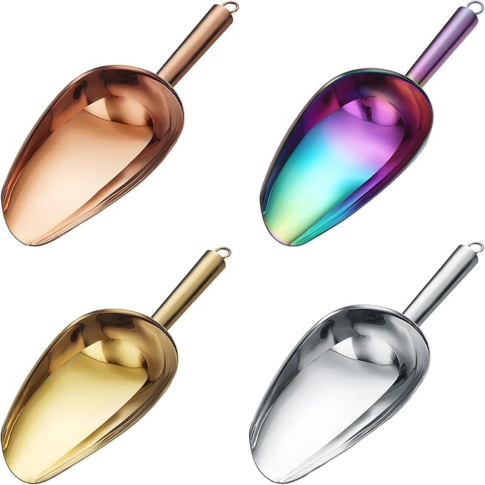 6 Oz Stainless Steel Ice Scoops 4 Pcs Set 8.3 In / 21 Cm Flat Bottom Food Scoops Metal Pet Food Scoop With Hanging Hole