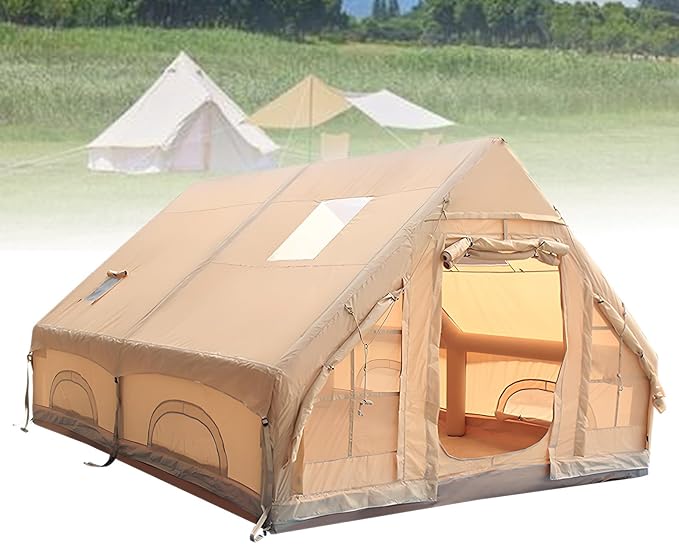 Inflatable Camping Tent with Fireplace Opening and Skylight Outdoor Tent for 2 to 8 People with Air Pump Inflatable Tent in Waterproof Oxford Fabric for 4 Seasons Quick Assembly