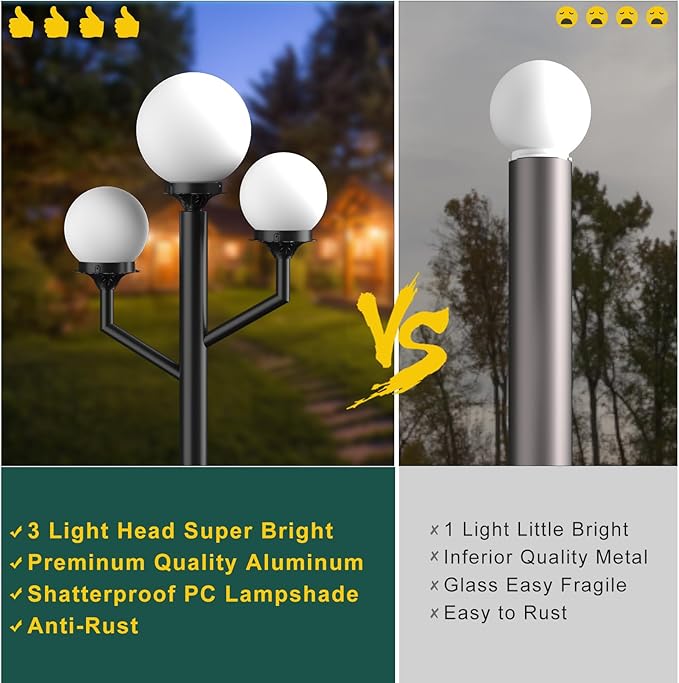 79'' Outdoor Lamp Post Light with 3 Lights(3Pcs 10W LED Bulbs Included) Waterproof Street Light Pole Lamp for Outside Black Outdoor Post Light for Garden/Yard/Patio-Black