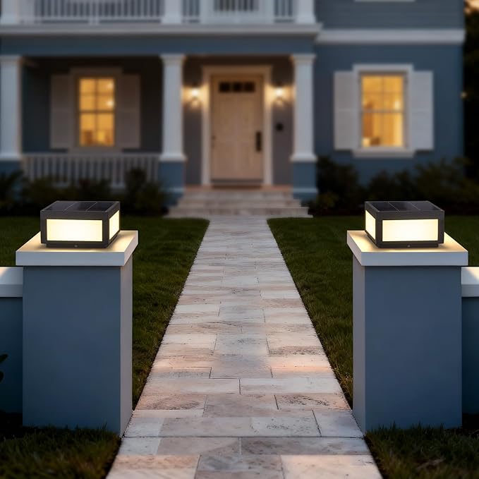 9.84 Solar Post Lights 3000K LED Solar Pillar Lights Outdoor IP54 Waterproof Outdoor Lamp Post Light Dusk to Dawn Column Lighting for Posts Fence Outside Entrance Yard Patio Driveway