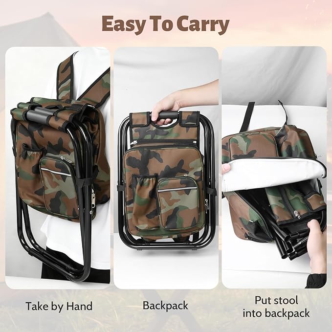 Folding Camping Chair Stool Backpack with Cooler Insulated Picnic Bag Portable Hunting Fishing Multifunction Chair for Outdoors Hiking Hunting Travel (Camouflage)
