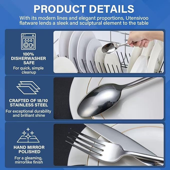 40-Piece Silverware Set for 8Minimalist Flatware Set 18/10 Stainless SteelFine Cutlery Set with Forks Knives SpoonsDurable and Elegant Design TablewareDishwasher Safe