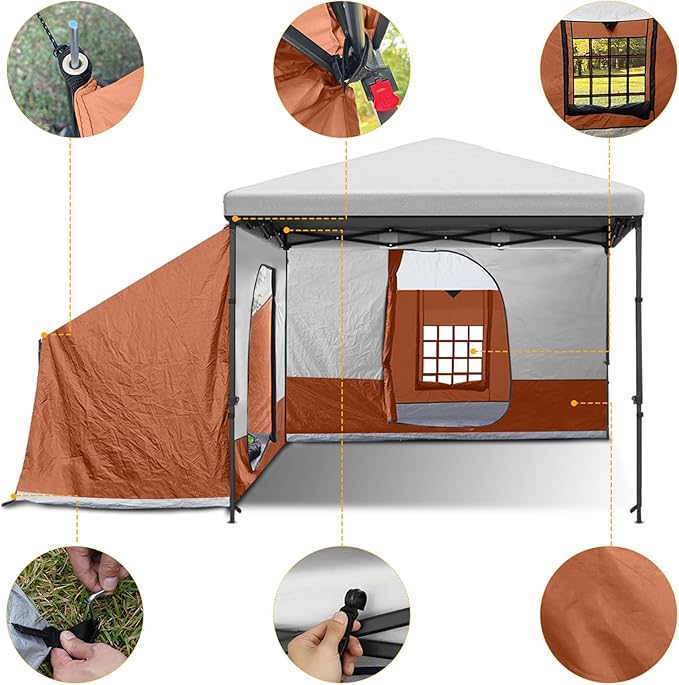 KAMPKEEPER Side TentCamping Tent for 10' x 10' Pop Up Canopy Easy Set Up GazeboCompatible with 10' Wide Canopy Tents (Orange)