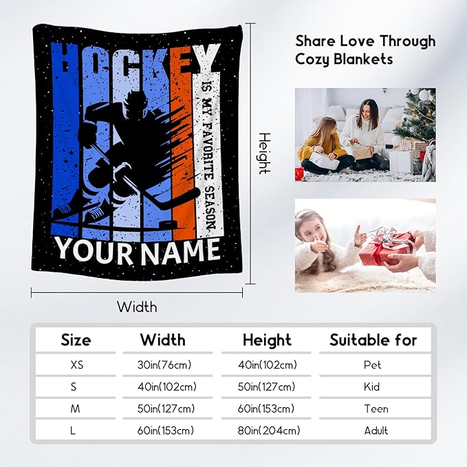 Custom Hockey Gifts for Boys Personalized Hockey Blanket for Kids Men Adults 60x80 Fleece Soft Cozy Sport Throw Blankets for Couch Sofa Team Gifts for Players Adults