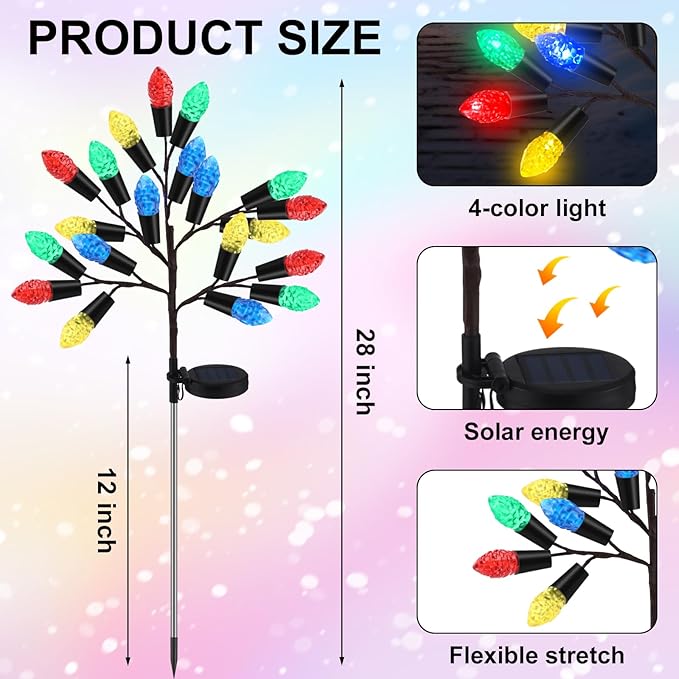 2 Pcs Christmas Solar Pathway Lights Outdoor Decorations 28 Christmas Stake Lamp Yard Waterproof 8 Modes 20 LED Pine Cones Tree for Walkway Path Garden Patio Decor