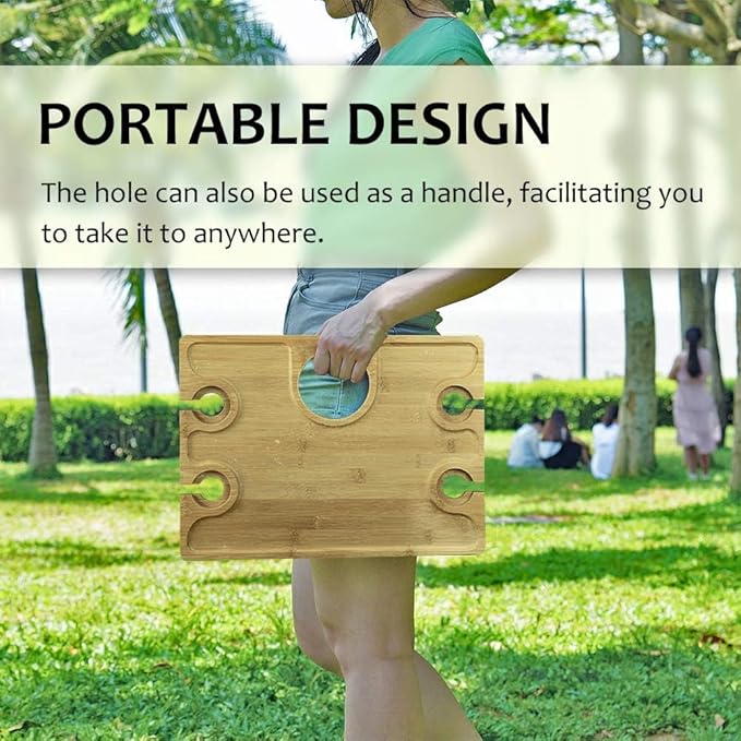eBigValue Portable Bamboo Picnic Table with Wine Glass &amp Bottle Holder – Folding Snack Tray for 4 Outdoor Camping Beach Travel
