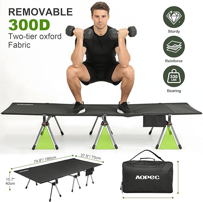 75 Camping Cot Heavy Duty 330lbs Capacity Adjustable Height with Leg Extenders Lightweight Aluminum Frame Portable Folding Bed for CampingTravel Beach Office Nap