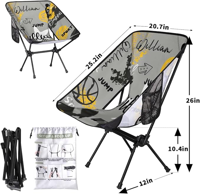 Custom Camping Chair Personalized Portable Backpacking Chair with Name Lightweight Folding Chair for Beach Hiking Basketball Ball