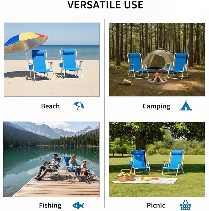 1PC Portable High Strength Beach Chair with Adjustable Headrest &amp Cup Holder Iron &amp 600D Polyester 330lbs Capacity Blue Foldable Chair for Beach Camping Hunting Fishing (Blue 1PC)