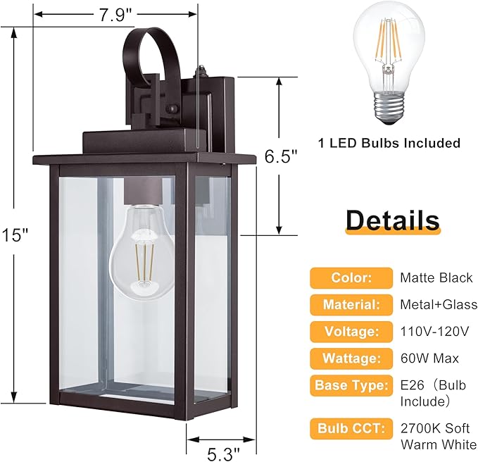 𝟭𝟱𝗜𝗡 Dusk to Dawn Outdoor Wall Light Fixture (Bulb Include) Exterior Waterproof Sconces Outdoor Porch Wall Mounted Lighting Modern Black Wall Lamp for House Doorway Garage (Brown)