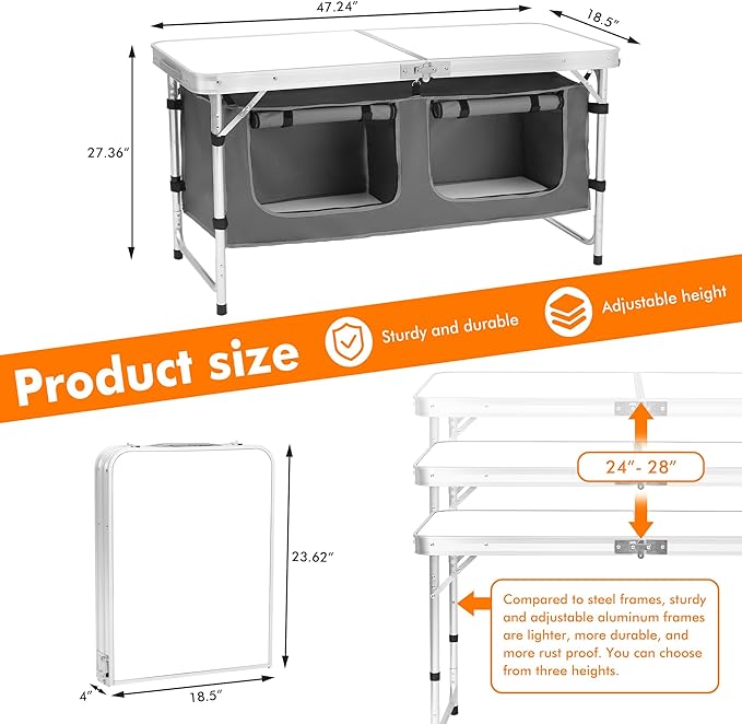Camp Field Camping Folding Aluminum Table with Adjustable Legs for Outdoor Travel Beach Backyards BBQ Party and Picnic Foldable Table
