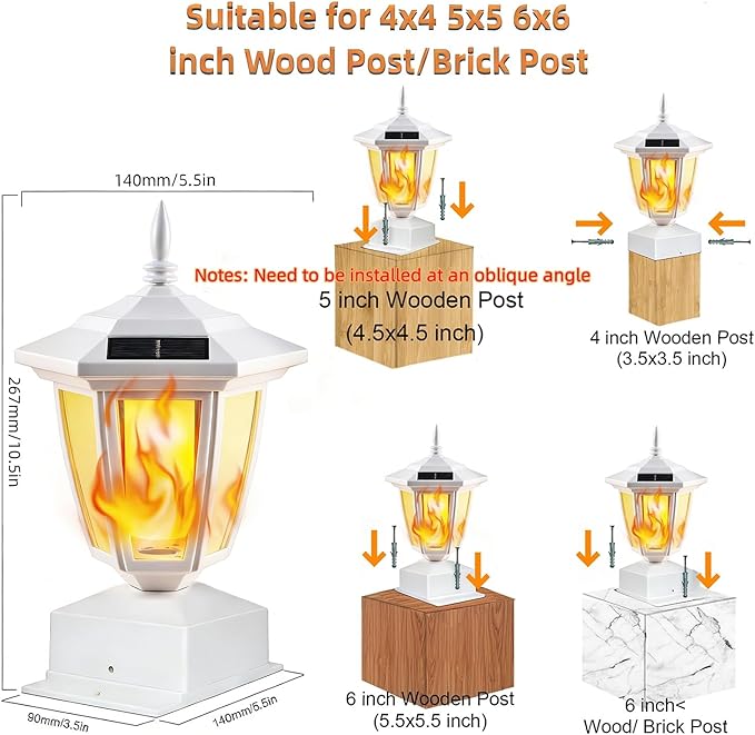Dynaming 2 Pack Solar Flame Post Lights Outdoor Solar Powered Lamps Fence Post Cap Lights Flickering Flame LED Lantern Waterproof for Garden Deck Patio Fit 4x4 5x5 or 6x6 Wooden Posts White Shell