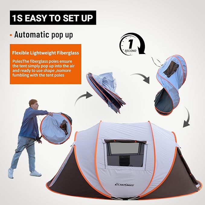 EchoSmile Instant Pop Up Camping Tent 2/4/6 Person Easy Setup Tent Water Resistant Dome Portable with Carry Bag