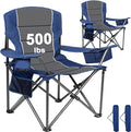 Romswi 2 Pack Oversized Camping Chairs for Adults 500LBS Heavy Duty Steel Folding Chair with Adjustable Elastic Armrests 38.5 Wide 600D Oxford Fabric 6-Can Cooler &amp Side Pockets for Outdoor Bl