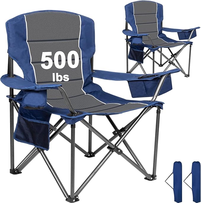 Romswi 2 Pack Oversized Camping Chairs for Adults 500LBS Heavy Duty Steel Folding Chair with Adjustable Elastic Armrests 38.5 Wide 600D Oxford Fabric 6-Can Cooler &amp Side Pockets for Outdoor Bl